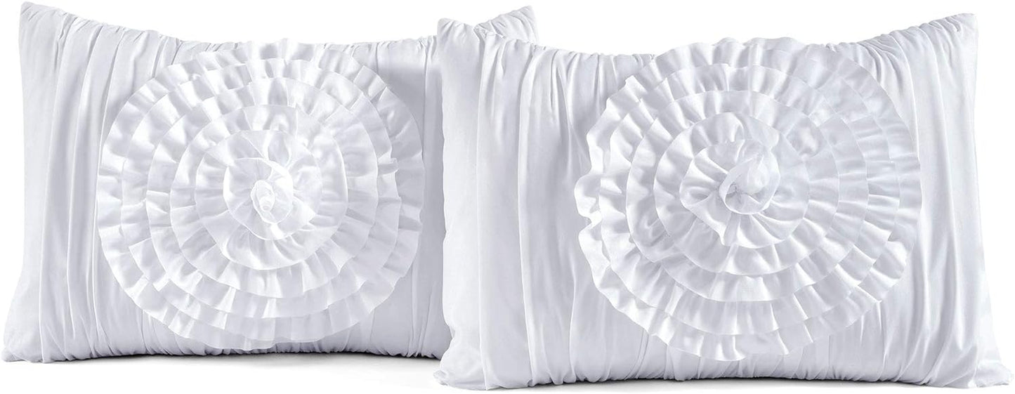 Lush Décor Serena 3 Piece Ruched Flower Comforter Set - White - Full/Queen