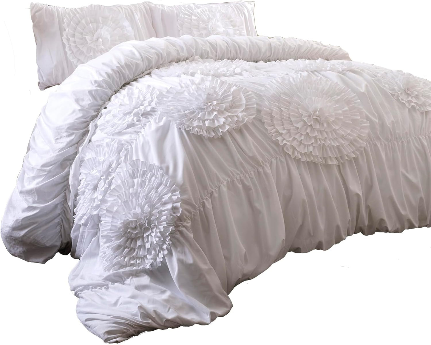 Lush Décor Serena 3 Piece Ruched Flower Comforter Set - White - Full/Queen