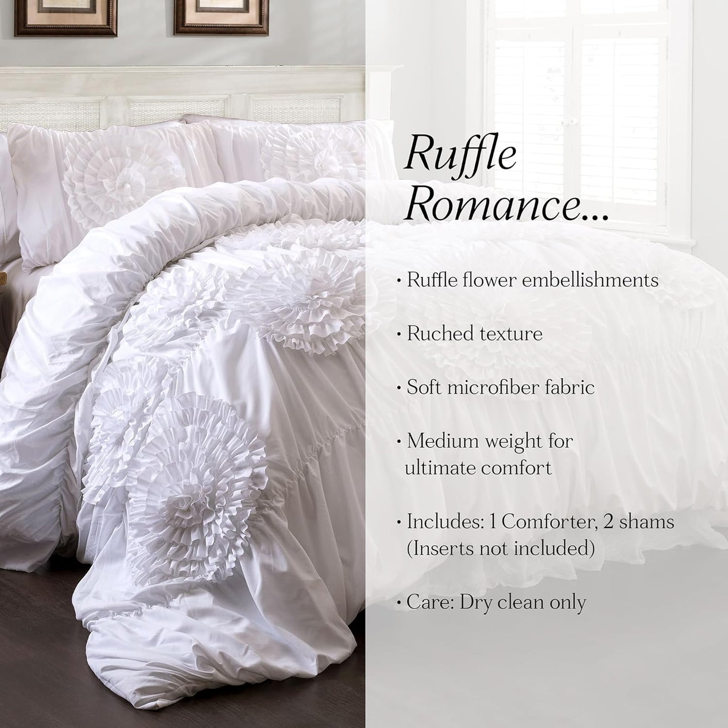 Lush Décor Serena 3 Piece Ruched Flower Comforter Set - White - Full/Queen
