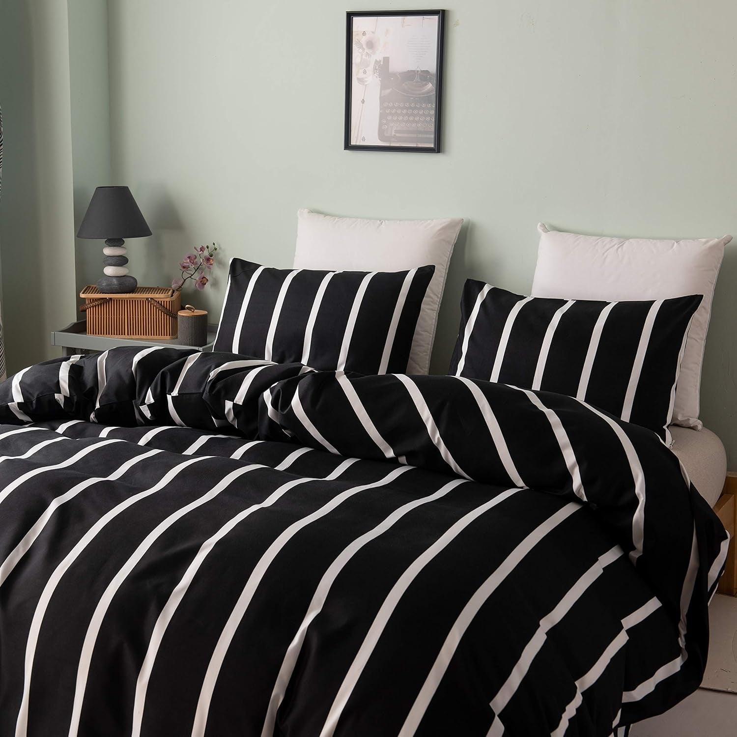 Black and White Striped Comforter Set Twin Microfiber Duvet Cover Set 68"X 90"With 1 Duvet Cover and 1 Pillow Sham Soft Lightweight 2 Pieces Bedding Set