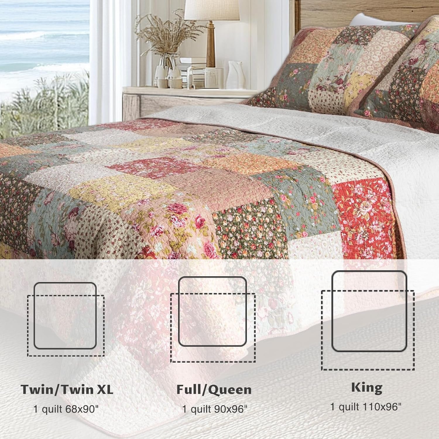 Authentic 100% Cotton Easy-Clean – Luxury Boho Quilt with Decorative Floral Patchwork Design Oversize Bedspread, Soft Breathability Bedding, King 110X96”, Boho-Royal Garden