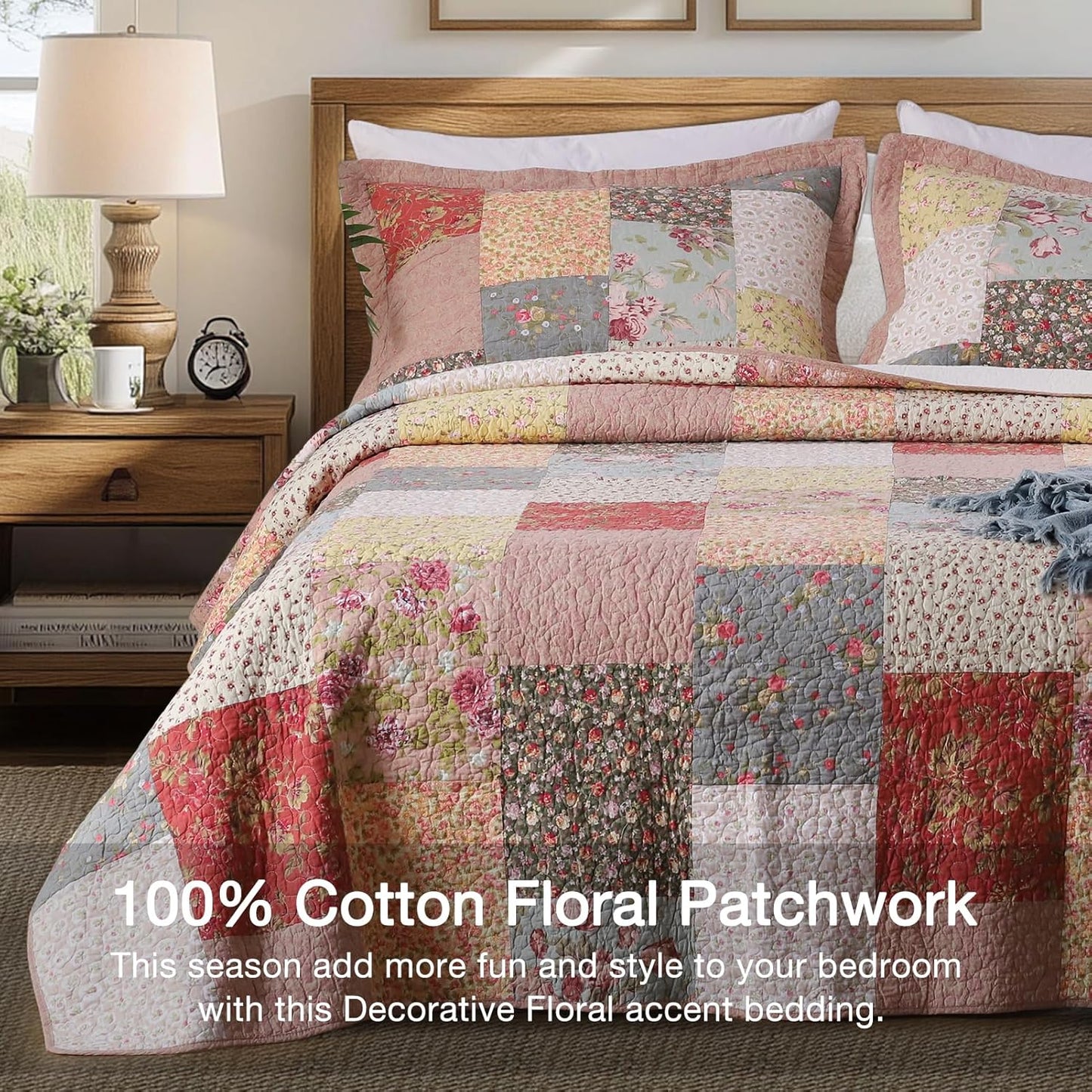 Authentic 100% Cotton Easy-Clean – Luxury Boho Quilt with Decorative Floral Patchwork Design Oversize Bedspread, Soft Breathability Bedding, King 110X96”, Boho-Royal Garden
