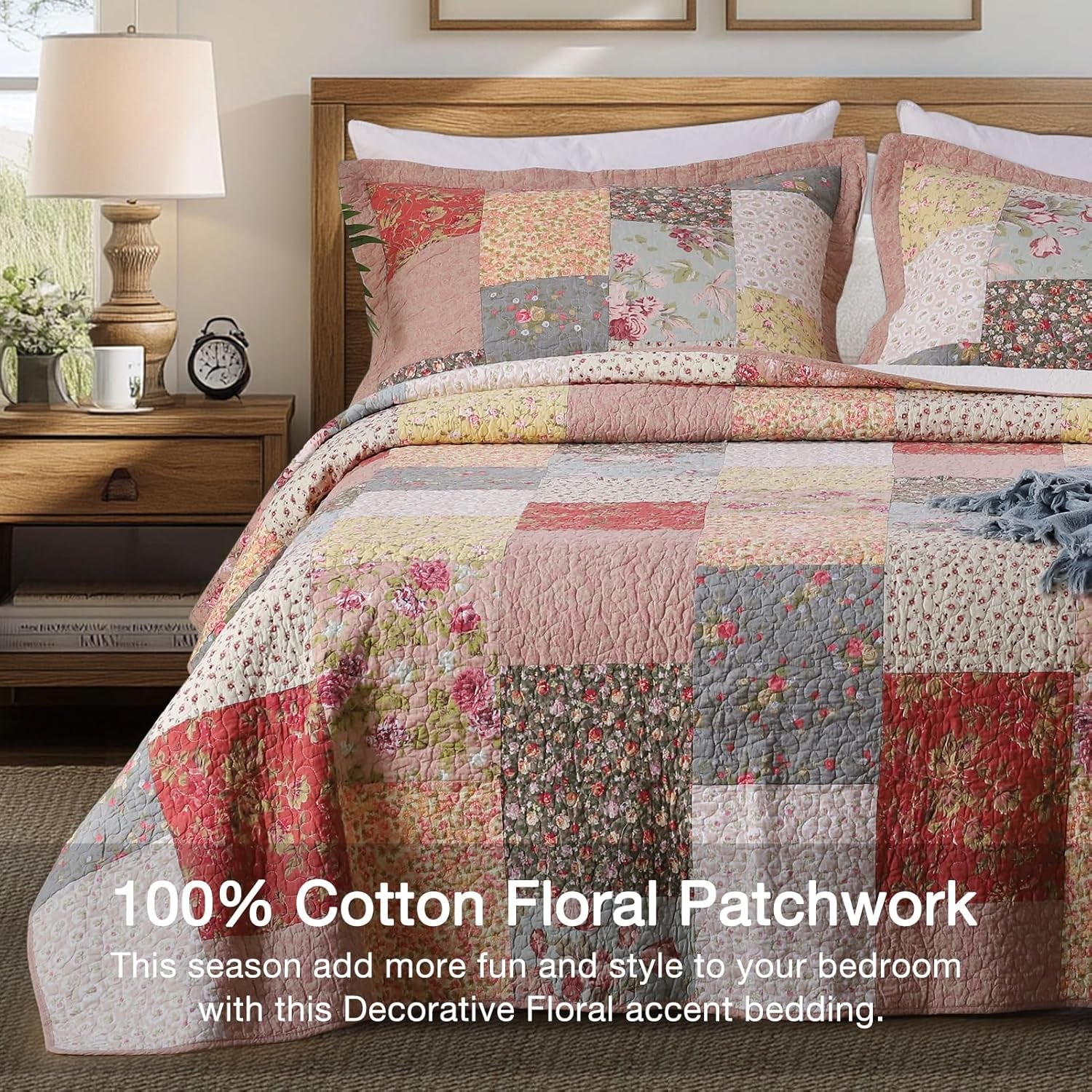 Authentic 100% Cotton Easy-Clean – Luxury Boho Quilt with Decorative Floral Patchwork Design Oversize Bedspread, Soft Breathability Bedding, King 110X96”, Boho-Royal Garden