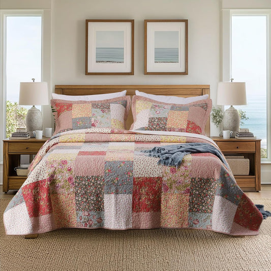 Authentic 100% Cotton Easy-Clean – Luxury Boho Quilt with Decorative Floral Patchwork Design Oversize Bedspread, Soft Breathability Bedding, King 110X96”, Boho-Royal Garden