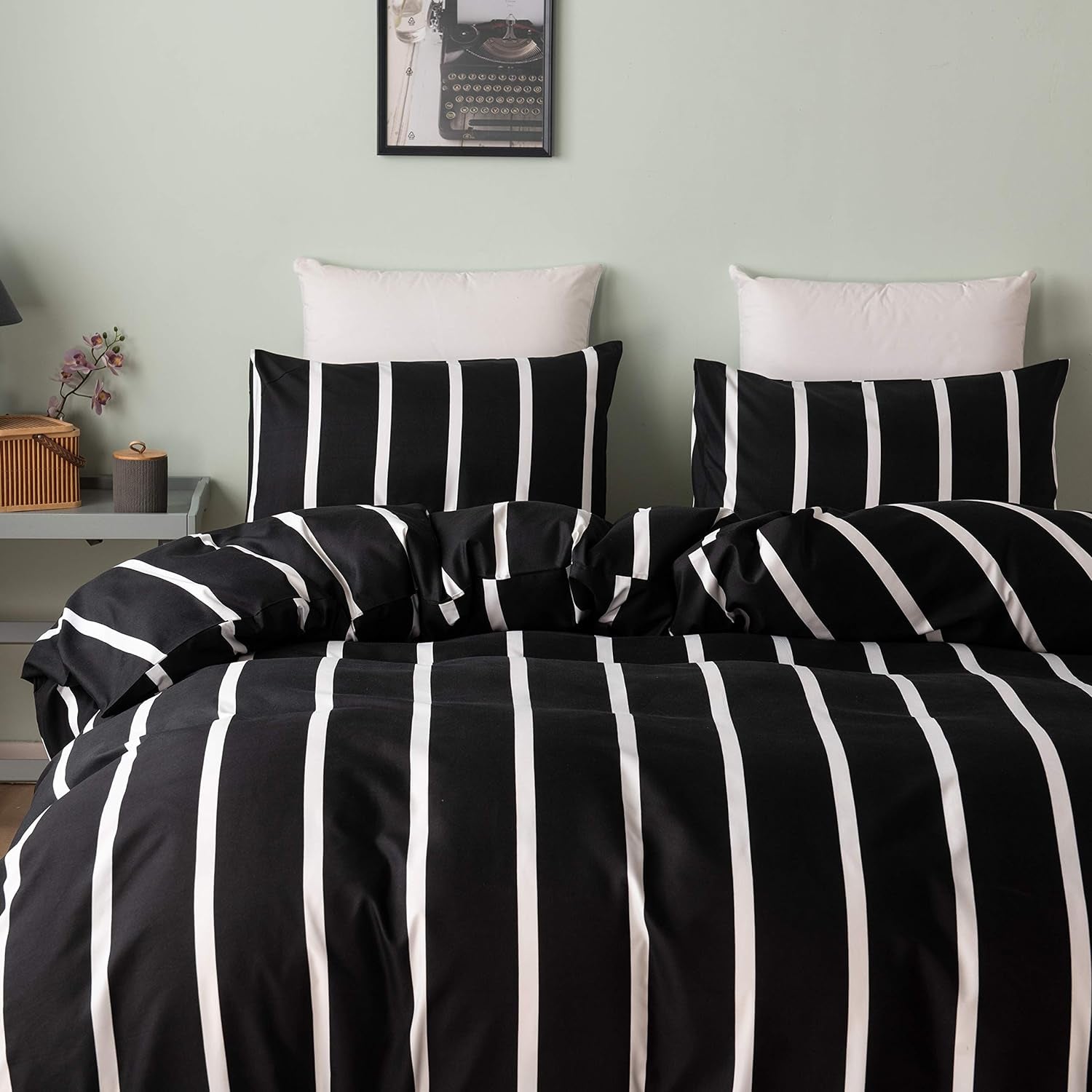 Black and White Striped Comforter Set Twin Microfiber Duvet Cover Set 68"X 90"With 1 Duvet Cover and 1 Pillow Sham Soft Lightweight 2 Pieces Bedding Set