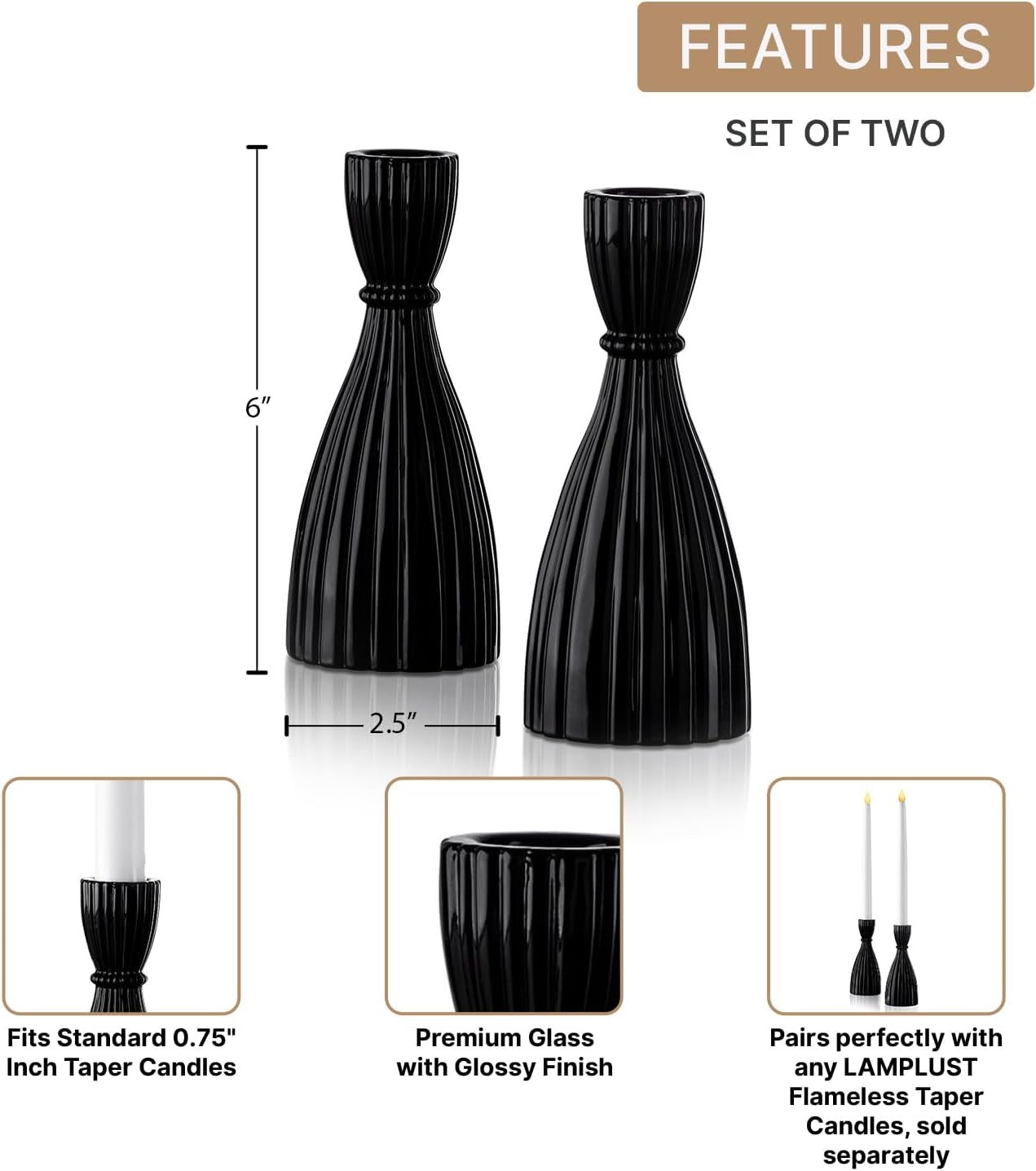 Taper Candle Holder, 2 Pack, 6 Inch, Black Glass Taper Candle Holders for Candlesticks, Decorative for Standard Taper Candle, Wedding Centerpieces, Table and Farmhouse Decor